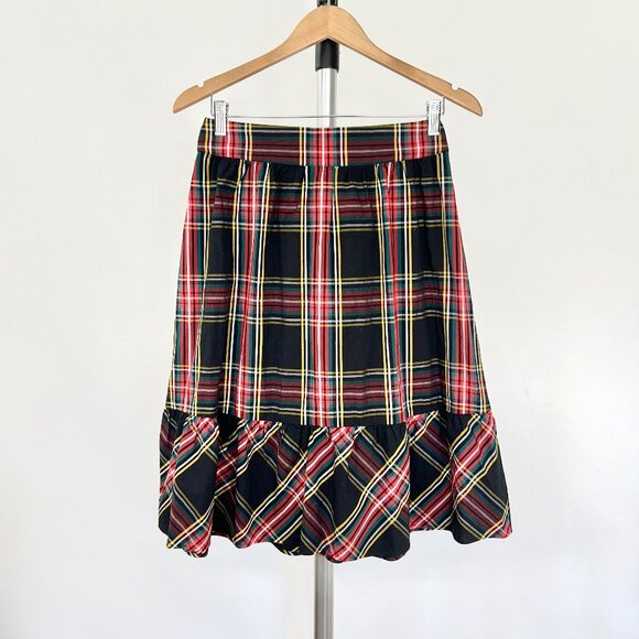 Sz 2- J. Crew Factory Black Plaid Cotton Ruffle Bow A-Line Midi Skirt - Picture 2 of 12